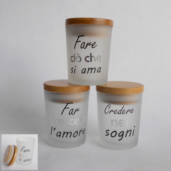 Barattolo ermetico vetro satinato e tappo legno decorazione wedding set 3 pz  Art 07089