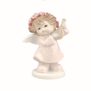 Bomboniera Angelo ceramica rosa con Mandolino Battesimo Nascita art 93