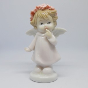 Bomboniera Angelo ceramica rosa con corona di rose Battesimo Nascita art 92