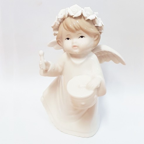 Bomboniera Angelo ceramica Bianca con Tamburo Battesimo Nascita art 91