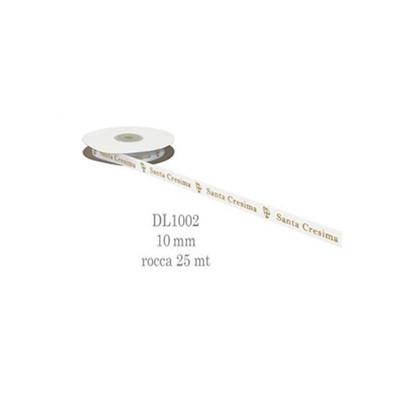 Nastro doppio raso da 1 cm con scritta SANTA CRESIMA in Oro rotolo bobina da 25 mt Bianco fai da te - art DL1002