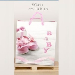 Busta Shoppers per bomboniera con disegno Baby Scarpine Rosa  14 x 8 x h 18 cm conf 6 pz art SC471