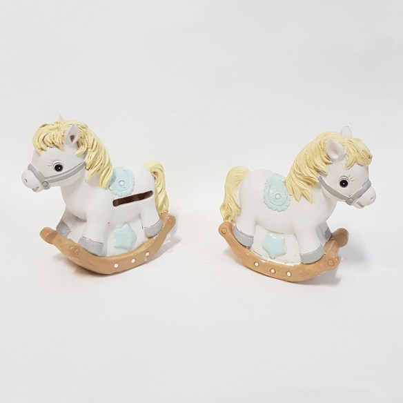 Bomboniera decorazione Salvadanaio Cavallo a dondolo Celeste Nascita Battesimo set 2 pz Art 049751