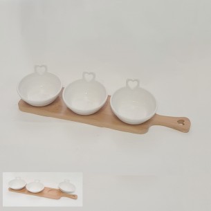 Bomboniera Set 3 ciotole in ceramica Bianca con vassoio in bamboo wedding 37xh6,5 cm art 28712