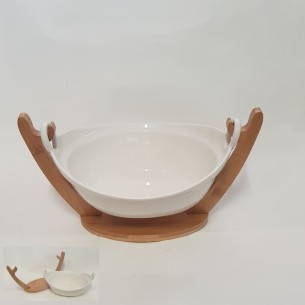 Bomboniera ciotola in ceramica Bianca con Supporto vassoio in bamboo wedding 25xh15 cm art 28717