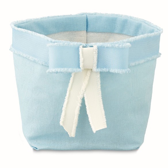 Bomboniera Saccoccio in tessuto con Fiocchetto Celeste Battesimo Nascita 11x11xh11 cm 4 pz art 28567