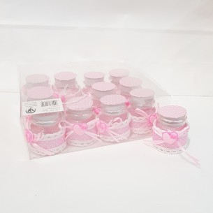 Bomboniera Barattolo vetro tondo per confetti inserto cuore Rosa 12 pz art SC479