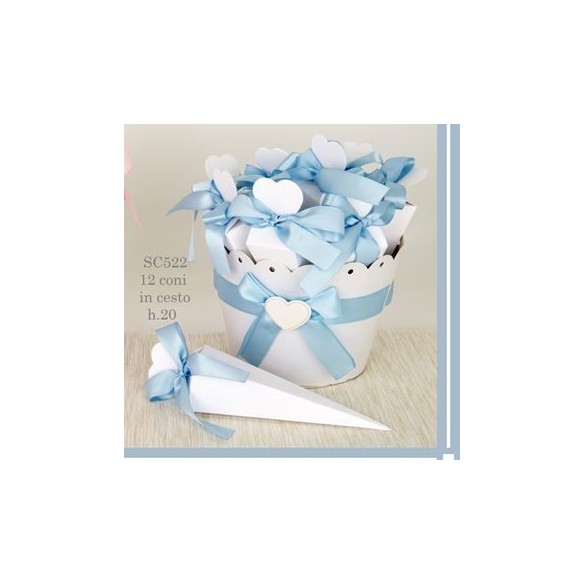 Set Cesto + 12 coni porta confetti con inserto cuore e nasto celeste H 20 cm art SC522