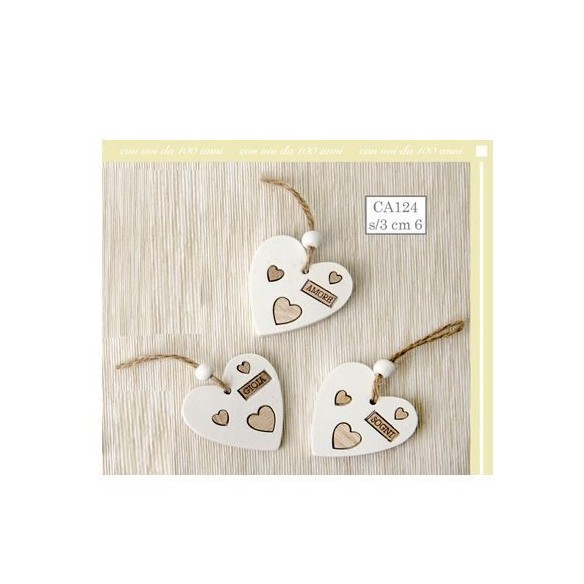 Ciondolo Cuore legno bianco da appendere idea decorazione bomboniera matrimonio 6 cm 12 pz art CA124