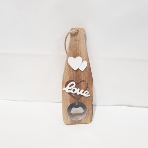 Bomboniera Apribottiglia Legno inserto scritta LOVE e cuori bianchi  20 cm art 08719