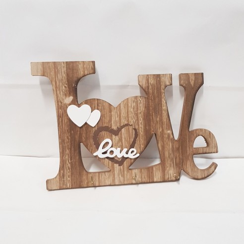 Bomboniera Appendino chiavi Legno forma di scritta LOVE e cuori bianchi  27 cm art 08721