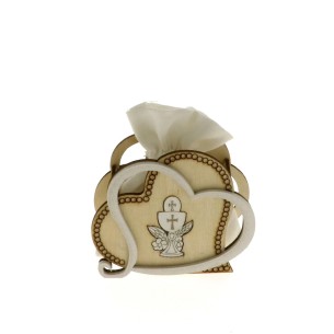 Sacchetto porta confetti con inserto Comunione e cuore in legno 6 pz art SC483