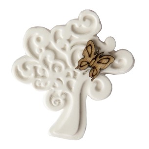 Albero della vita Gesso con farfalla legno intagliata idea decorazione bomboniera 4 cm 6 pz art 08651