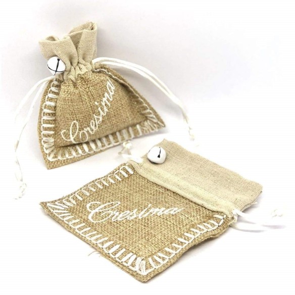 Bomboniera Sacchetto confetti in yuta con scritta Cresima Bianca 10xh12 cm 6 pz art C2096