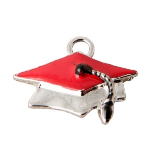 Bomboniera Ciondolo in metallo Zama argentato Cappello Tocco smaltato Rosso 2,5 Cm conf 12 pz art 11947