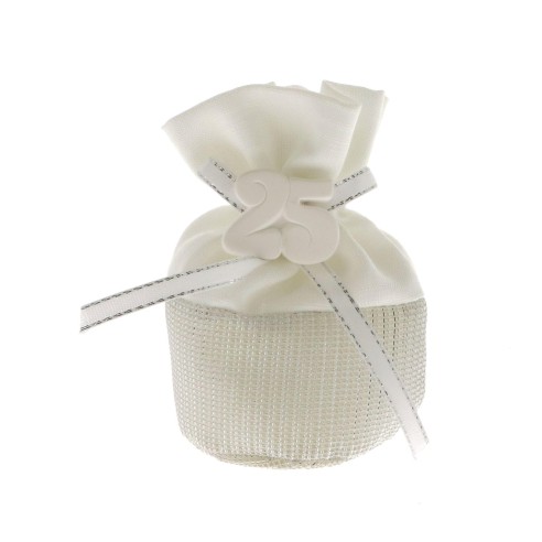 Sacchetto 25 ° Anniversario Nozze Argento 10 cm con inserto gesso numero 25 set  12 pz Art C1904