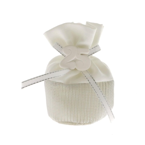 Sacchetto 25 ° Anniversario Nozze Argento 10 cm con inserto gesso numero 25 set  12 pz Art C1904