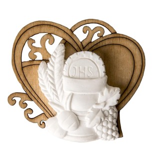 Ciondolo cuore in legno con Simbolo Comunione Gesso 5,5 cm idea decorazione bomboniera 12 pz art 08664