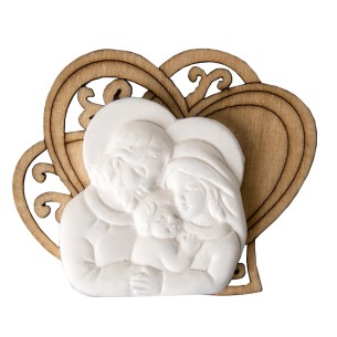 Ciondolo cuore in legno con Simbolo Sacra Famiglia Gesso 5,5 cm idea decorazione bomboniera 12 pz art 08663