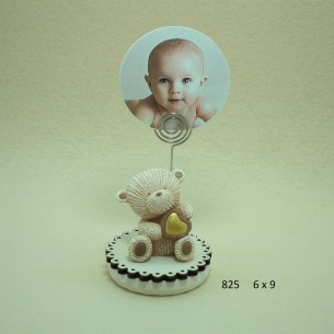 Bomboniera Porta foto in legno e Ceramica con orsetto beige battesimo nascita art 825