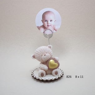 Bomboniera Porta foto in legno e Ceramica con orsetto beige battesimo nascita art 826