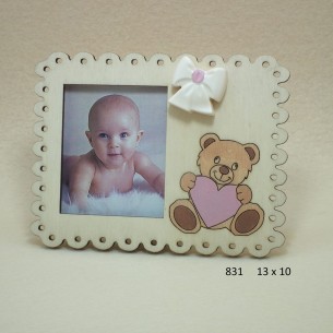 Bomboniera Porta foto in legno e ceramica con orsetto beige Rosa battesimo nascita art 831