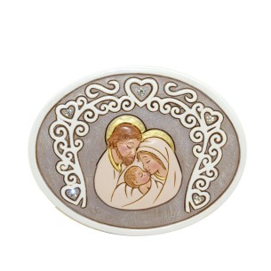 Bomboniera icona Ovale in resina con Sacra Famiglia Battesimo nascita misura 11 cm Art 049933