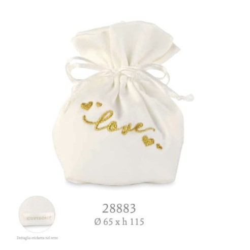 Bomboniera Sacchetto confetti in RASO Bianco con scritta LOVE in oro D.6,5 x h 11,5 cm conf. 12 pz art 28883