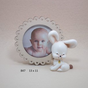 Bomboniera Porta foto in legno con inserto coniglietto Ceramica battesimo nascita  13 x h 11 cm art 847