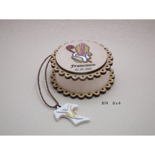 Bomboniera scatola in legno Tonda con simbolo Cresima e ciondolo in ceramica  8 x h 4 cm art 874