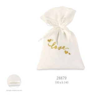 Bomboniera Sacchetto confetti in RASO Bianco con scritta LOVE in oro 10 x h 14 cm conf. 12 pz art 28879