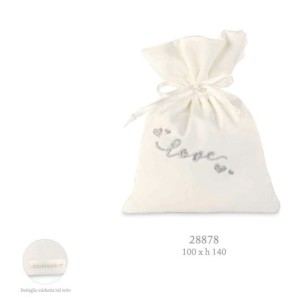 Bomboniera Sacchetto confetti in RASO Bianco con scritta LOVE in Argento 10 x h 14 cm conf. 12 pz art 28878