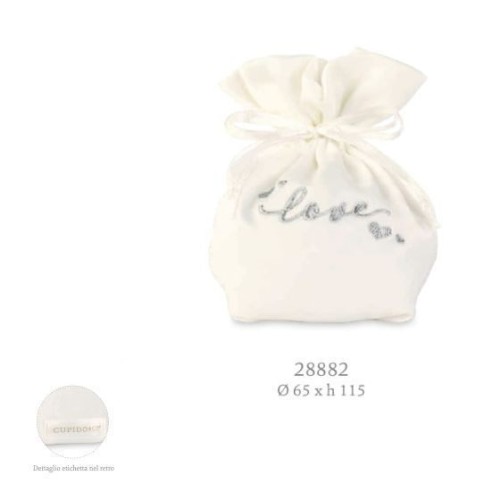 Bomboniera Sacchetto confetti in RASO Bianco con scritta LOVE in Argento D.6,5 x h 11,5 cm conf. 12 pz art 28882