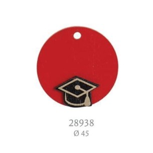 Ciondolo decorativo in legno per Bomboniera LAUREA cappello tocco colore Rosso D 4,5 cm conf 12 pz Art 28938