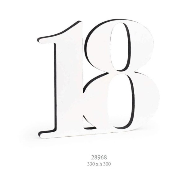 Decorazione numero 18 in legno Bianco e glitter nero da appoggio 33 x h 30 cm art 28968