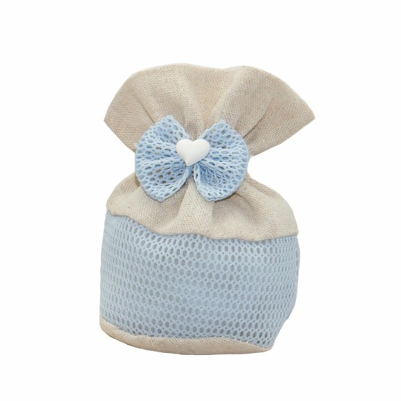 Bomboniera Sacchetto saccoccio porta confetti tessuto CELESTE fiocchetto 11 cm Confezione 12 pz art C2234