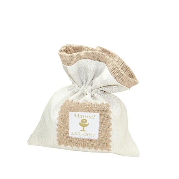 Bomboniera Sacchetto porta confetti in tessuto cotone BIANCO BEIGE PERSONALIZZABILE 10 x h 12 cm Confezione 12 pz art C2236