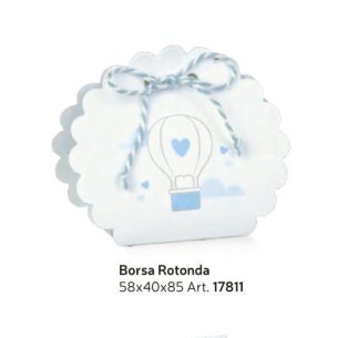 Scatola bomboniera Borsa rotonda bianca con inserto mongolfiera Celeste 5,8 x 4 x 8,5 cm set 10 pz art 17811