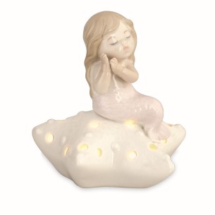 Formoso Bomboniera Sirena in Ceramica Bianca su Stella Marina con Luce LED Gialla Art 28437