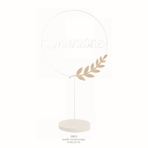 Decorazione Piedistallo Cerchio metallo Scritta COMUNIONE in legno Bianco e foglie ORO  D. 40 x  h 71 cm art 28805