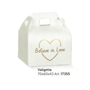Scatola valigetta Bianca con scritta BELIEVE LOVE matrimonio confetti 7 x 6 x h 4,3 cm Set 20 pz art 17355