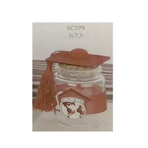 Bomboniera Barattolo in vetro porta confetti tonda inserto cappello tocco h 7,5 cm confezione 12 pz art SC579