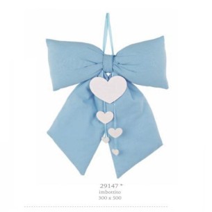 Decorazione Fiocco Celeste imbottito da appendere in tessuto con cuori nascita Compleanno  30 x 50 cm art 29147