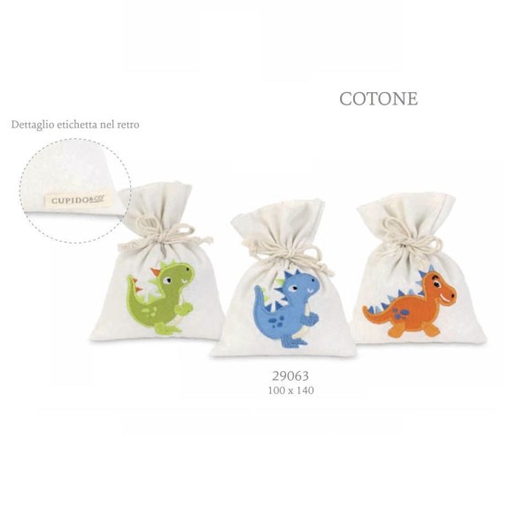 Bomboniera Sacchetto Bianco Con Disegno DINOSAURO nascita Compleanno Battesimo 11 x h 14 cm set 12 pz art 29063
