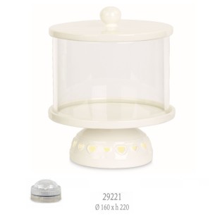 Contenitore Porta dolci biscotti confetti tondo in ceramica bianca inserto cuori  e LED Matrimonio wedding D 16 xh 22 cm art 292