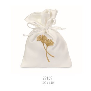 Sacchetto confetti con inserto Foglia Di GINGKO Colore ORO in raso bianco Wedding  Matrimonio Anniversario10 x h 14 cm set 12 pz