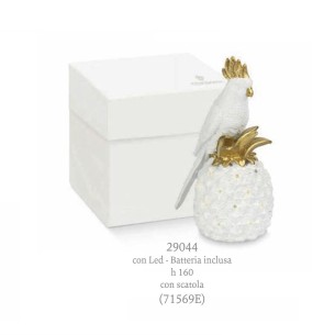 Bomboniera Pappagallo su ananas con LED in Poli Resina oro e Bianco con Scatola Matrimonio Anniversario Wedding  h 16 cm art  29