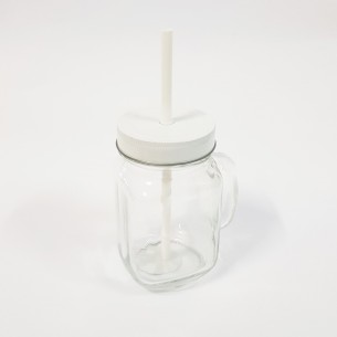 Barattolo Boccale vetro con tappo e cannuccia colore Bianco 8 X H 13,5 cm conf 6 pz art 28175