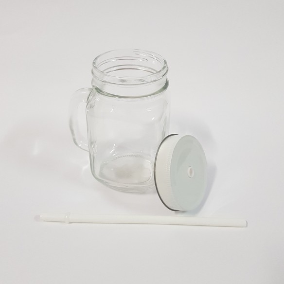 Barattolo Boccale vetro con tappo e cannuccia colore Bianco 8 X H 13,5 cm conf 6 pz art 28175