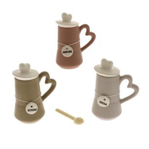 Barattolo Caffettiera ceramica vari colori porta spezie con tappo bianco cuore h 12 cm set 3 pz Art 02187